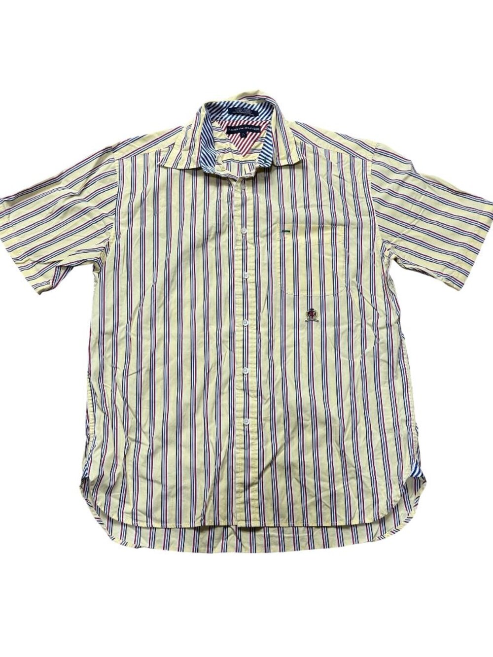Tommy Hilfiger Striped Yellow Blue Red Cotton Short Sleeve Button-Up Shirt Sz L